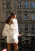 Bata de satén blanca para novia, Kimono de seda con mangas de encaje para dama de honor - Imagen 6