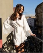 Bata de satén blanca para novia, Kimono de seda con mangas de encaje para dama de honor