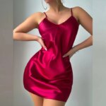 Vestido de noche curvo, sujetador de seda, lencería de Color sólido, camisón elegante para mujer, ropa interior caliente con cuello en V, picardías Sexy, ropa de dormir - Imagen 5