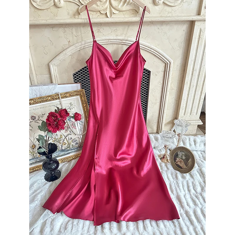 46080-pyipfi.jpg Nueva Camisón de Verano Sexy sin Espalda con Tirantes Finos, Ropa de Dormir para Mujer, Lencería Íntima de Satén Suelta para el Hogar - Imagen 1