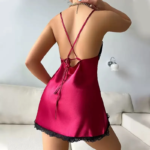 Camisón de satén para mujer con encaje, cuello en V, minivestido sexy con tirantes finos, lencería sedosa para el hogar - Imagen 5