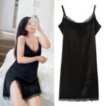 Camisón de satén con encaje sexy de talla grande (150 kg+), negligé de verano para mujer, vestido de pijama fino con cuello en V y tirantes, ropa de dormir holgada. - Imagen 2