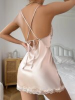 Camisón de satén de seda de encaje de verano para mujer, minivestido, ropa de dormir con escote en V profundo y espalda descubierta con cordones, camisón dividido - Imagen 4