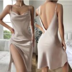 Vestido de tirantes sin espalda para mujer, pijama cómodo de verano, camisón sexy de imitación de seda satinada lisa sin espalda