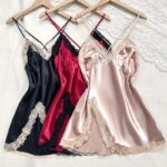 Camisón de seda sin mangas para mujer, vestido Halter, pijamas de verano, encaje bordado suave, ropa de dormir corta dividida, camisón elegante - Imagen 5