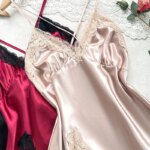 Camisón de seda sin mangas para mujer, vestido Halter, pijamas de verano, encaje bordado suave, ropa de dormir corta dividida, camisón elegante - Imagen 4