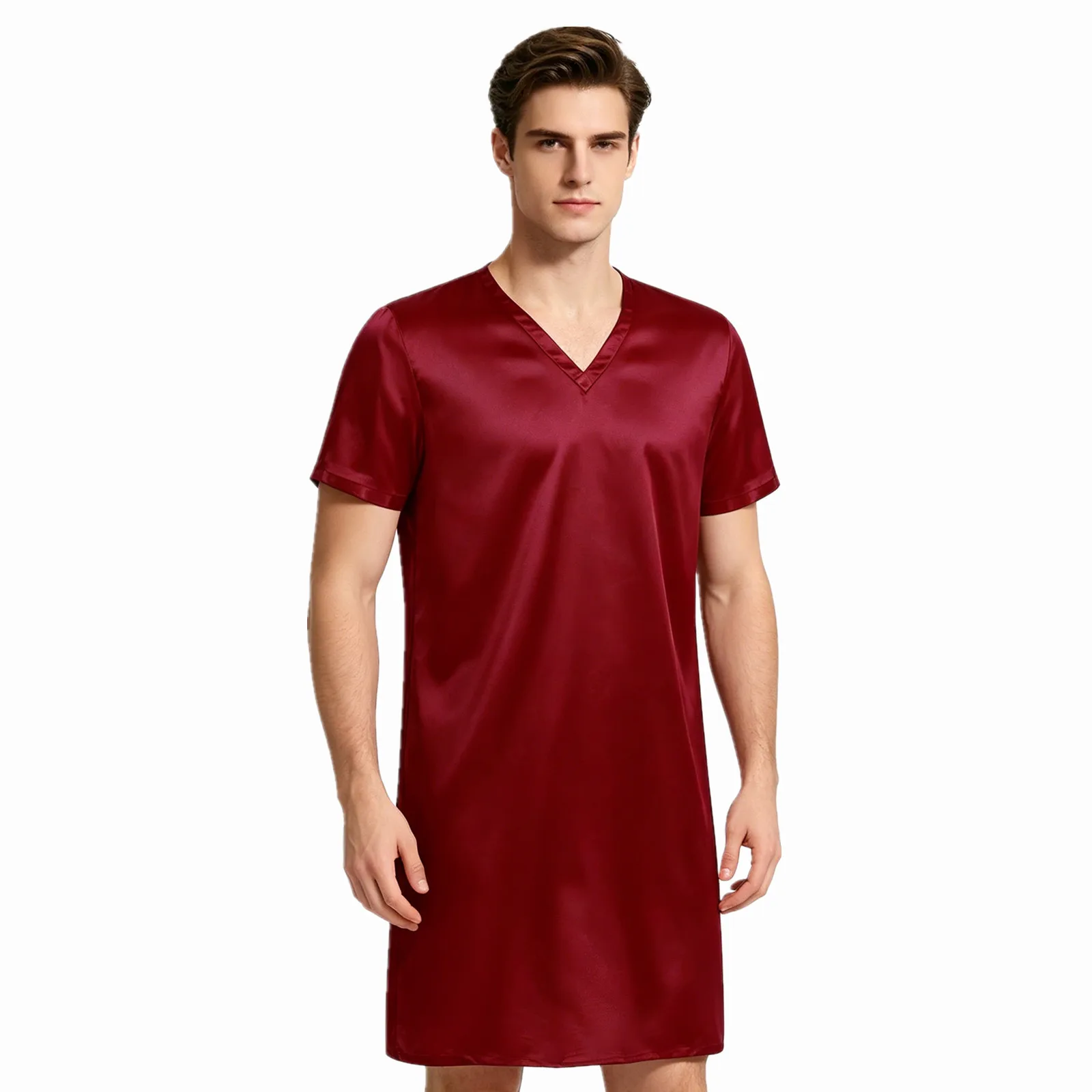 46256-xw9yko.jpg Camisón de satén para hombre y mujer, ropa de dormir de manga corta con cuello en V, ropa de dormir para el hogar, ropa de dormir con abertura lateral, albornoz para dormir - Imagen 1
