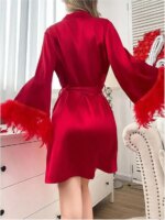 Bata de boda de plumas burdeos, vestido de novia, dama de honor, albornoz de la mañana, ropa de dormir Sexy para mujer, camisón suelto de satén, ropa de casa - Imagen 5