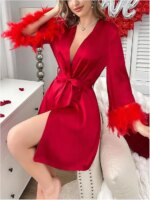 Bata de boda de plumas burdeos, vestido de novia, dama de honor, albornoz de la mañana, ropa de dormir Sexy para mujer, camisón suelto de satén, ropa de casa - Imagen 4