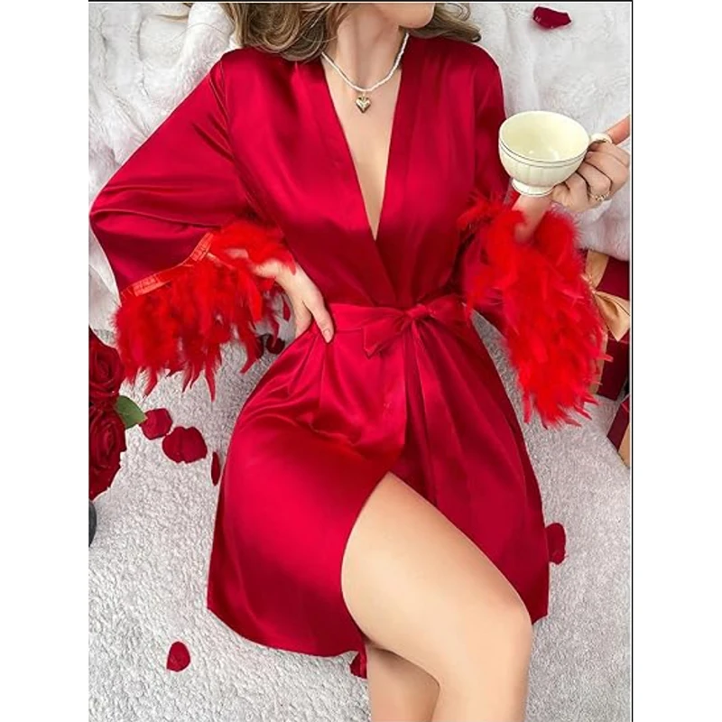 46492-rbshmo.jpg Bata de boda de plumas burdeos, vestido de novia, dama de honor, albornoz de la mañana, ropa de dormir Sexy para mujer, camisón suelto de satén, ropa de casa - Imagen 1