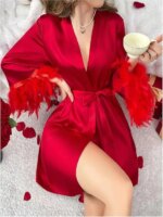 Bata de boda de plumas burdeos, vestido de novia, dama de honor, albornoz de la mañana, ropa de dormir Sexy para mujer, camisón suelto de satén, ropa de casa - Imagen 6