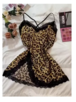 Camisón de satén de seda de leopardo para mujer, ropa de dormir sin mangas con abertura lateral de encaje, ropa de dormir Sexy con cuello en V, ropa de casa para mujer, vestido de pijama de tela