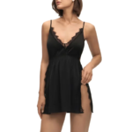 CINOON Camisón de satén con encaje sexy para mujer, camisón con abertura lateral y cuello en V profundo, lencería con tirantes finos, vestido de dormir negro suave