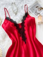 Camisón de satén para mujer con encaje de pestañas, cuello en V, tirantes finos, minivestido de dormir, lencería de seda, ropa de casa para mujer - Imagen 4
