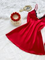 Camisón de satén para mujer con encaje de pestañas, cuello en V, tirantes finos, minivestido de dormir, lencería de seda, ropa de casa para mujer - Imagen 5
