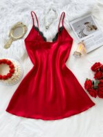 Camisón de satén para mujer con encaje de pestañas, cuello en V, tirantes finos, minivestido de dormir, lencería de seda, ropa de casa para mujer - Imagen 3