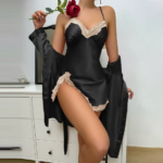 Conjunto de Pijama de Satén Azul Marino de 2 Piezas para Mujer, Vestido Lencero con Abertura y Ribete de Encaje, Bata Larga Tipo Kimono, Ropa de Dormir Sedosa, Lencería, Camisón - Imagen 6