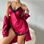 Conjunto de Pijama de Satén Azul Marino de 2 Piezas para Mujer, Vestido Lencero con Abertura y Ribete de Encaje, Bata Larga Tipo Kimono, Ropa de Dormir Sedosa, Lencería, Camisón - Imagen 5