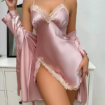 Conjunto de Pijama de Satén Azul Marino de 2 Piezas para Mujer, Vestido Lencero con Abertura y Ribete de Encaje, Bata Larga Tipo Kimono, Ropa de Dormir Sedosa, Lencería, Camisón - Imagen 3