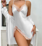 Conjunto de Pijama de Satén Azul Marino de 2 Piezas para Mujer, Vestido Lencero con Abertura y Ribete de Encaje, Bata Larga Tipo Kimono, Ropa de Dormir Sedosa, Lencería, Camisón - Imagen 4