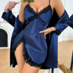 Conjunto de Pijama de Satén Azul Marino de 2 Piezas para Mujer, Vestido Lencero con Abertura y Ribete de Encaje, Bata Larga Tipo Kimono, Ropa de Dormir Sedosa, Lencería, Camisón