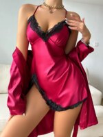 Conjunto de pijama de satén liso, bata de manga larga con cinturón y encaje en contraste, vestido sin mangas con cuello en V, ropa de dormir para mujer - Imagen 2