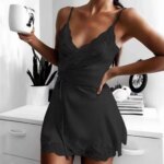 Camisón de satén para mujer, suave, sin espalda, sexy, con encaje, cuello en V, tirantes, color liso, vestido de casa. - Imagen 2