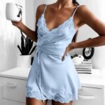 Camisón de satén para mujer, suave, sin espalda, sexy, con encaje, cuello en V, tirantes, color liso, vestido de casa.