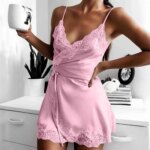 Camisón de satén para mujer, suave, sin espalda, sexy, con encaje, cuello en V, tirantes, color liso, vestido de casa. - Imagen 3