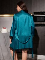 Conjunto de pijama de satén de talla grande de 2 piezas con encaje, camisón y bata, diseño sexy con escote en V profundo, lencería para el hogar para mujer - Imagen 2