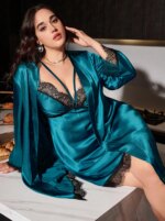 Conjunto de pijama de satén de talla grande de 2 piezas con encaje, camisón y bata, diseño sexy con escote en V profundo, lencería para el hogar para mujer