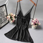 Vestido de noche de satén de seda Sexy para mujer, camisón sin mangas de encaje para dormir, camisones con cuello en V, camisa de noche, ropa de dormir de moda - Imagen 3