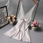 Vestido de noche de satén de seda Sexy para mujer, camisón sin mangas de encaje para dormir, camisones con cuello en V, camisa de noche, ropa de dormir de moda - Imagen 4