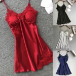 Vestido de noche de satén de seda Sexy para mujer, camisón sin mangas con cuello en V, camisón de encaje, ropa de dormir para mujer, Tops para dormir - Imagen 3