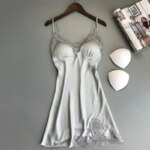 Vestido de noche de satén de seda Sexy para mujer, camisón sin mangas con cuello en V, camisón de encaje, ropa de dormir para mujer, Tops para dormir - Imagen 4