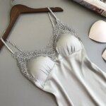 Vestido de noche de satén de seda Sexy para mujer, camisón sin mangas con cuello en V, camisón de encaje, ropa de dormir para mujer, Tops para dormir
