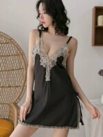 Elegante camisón de encaje con ribete, de seda helada fina para verano, sexy, con abertura, para el hogar, talla grande, cómo... - Imagen 5