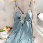 Elegante camisón de encaje con ribete, de seda helada fina para verano, sexy, con abertura, para el hogar, talla grande, cómo...