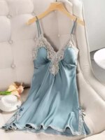 Elegante camisón de encaje con ribete, de seda helada fina para verano, sexy, con abertura, para el hogar, talla grande, cómo...