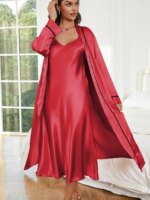 Conjunto de Pijama para Mujer, Color Sólido, con Cuello en V y Lazos, Elegante y a la Moda, para las Cuatro Estaciones - Imagen 4