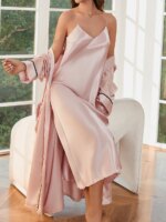Conjunto de Pijama para Mujer, Color Sólido, con Cuello en V y Lazos, Elegante y a la Moda, para las Cuatro Estaciones - Imagen 5
