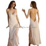 Camisón de satén para mujer, lencería Sexy, ropa de dormir con tirantes finos, cuello en V, Espalda descubierta, seda satinada, longitud hasta el tobillo, camisón de encaje