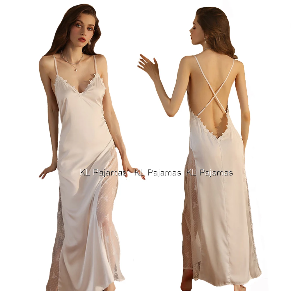 47427-r4mxw8.jpg Camisón de satén para mujer, lencería Sexy, ropa de dormir con tirantes finos, cuello en V, Espalda descubierta, seda satinada, longitud hasta el tobillo, camisón de encaje - Imagen 1