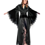 Batas para mujer, ropa de dormir, pijamas tipo kimono, largo puro, seda negra, encaje satinado, vestido de fotografía, vestido de novia para boda, sesión de fotos