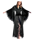 Batas para mujer, ropa de dormir, pijamas tipo kimono, largo puro, seda negra, encaje satinado, vestido de fotografía, vestido de novia para boda, sesión de fotos
