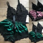 2PCS Ropa de dormir de encaje para mujer Lencería Tops Pantalones cortos Conjunto Babydoll Pijamas casuales Ropa de dormir