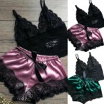2PCS Ropa de dormir de encaje para mujer Lencería Tops Pantalones cortos Conjunto Babydoll Pijamas casuales Ropa de dormir - Imagen 3