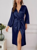 Bata de satén para mujer con cinturón, elegante, de color liso, sedosa y cómoda, para estar en casa - Imagen 4