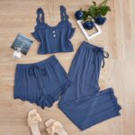 Conjunto de Pijamas de 3 Piezas para Mujer, Ropa de Dormir, Camiseta sin Mangas, Pantalones Cortos y Largos, con Detalles de Encaje, para Estar en Casa o Descansar - Imagen 3