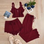 Conjunto de Pijamas de 3 Piezas para Mujer, Ropa de Dormir, Camiseta sin Mangas, Pantalones Cortos y Largos, con Detalles de Encaje, para Estar en Casa o Descansar